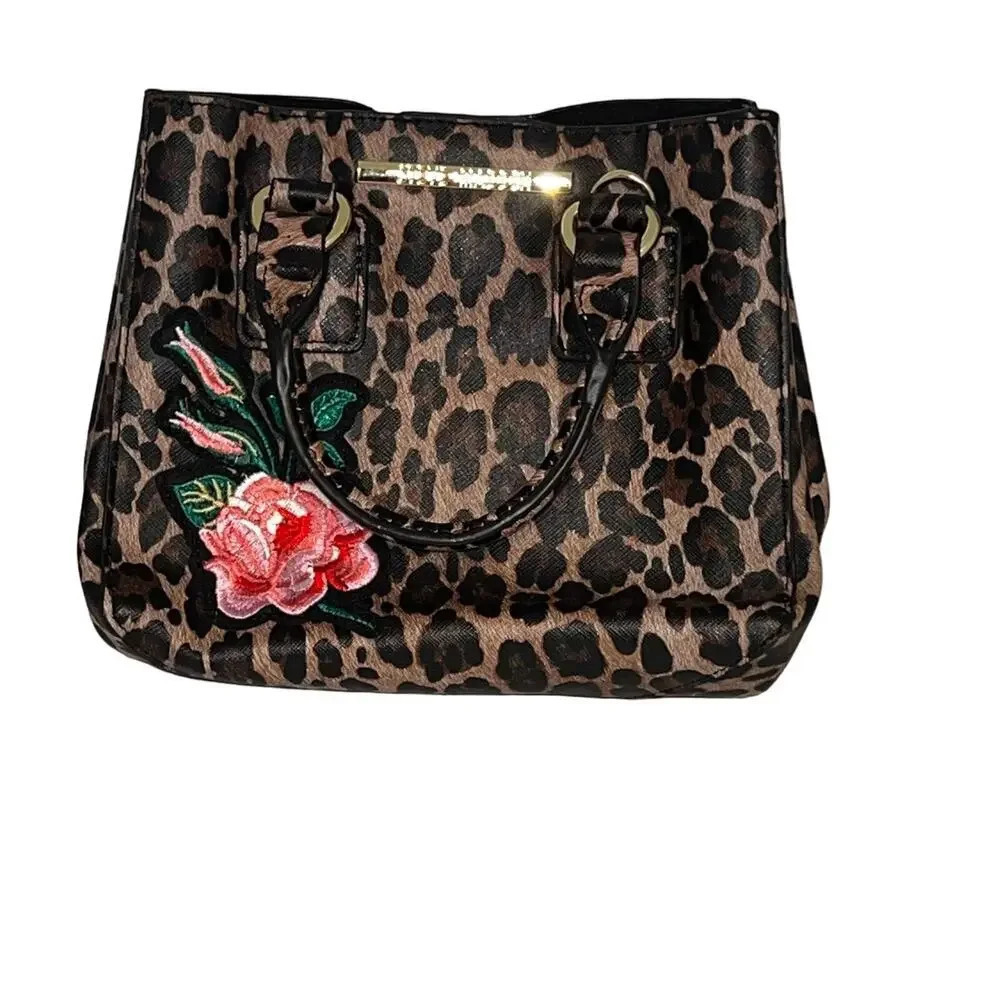 Steve Madden 7x7 animal print multi pocket small‎ satchel embroidered 3-D rose￼